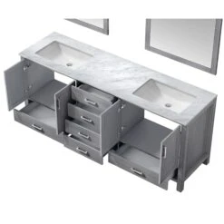 Lexora Jacques 80" Distressed Grey Double Vanity, White Carrara Marble Top, White Square Sinks And 30" Mirrors 25 Lexora Jacques 80" Distressed Grey Double Vanity, White Carrara Marble Top, White Square Sinks And 30" Mirrors -Home And Outdoor LJ342280DDDSM30 10