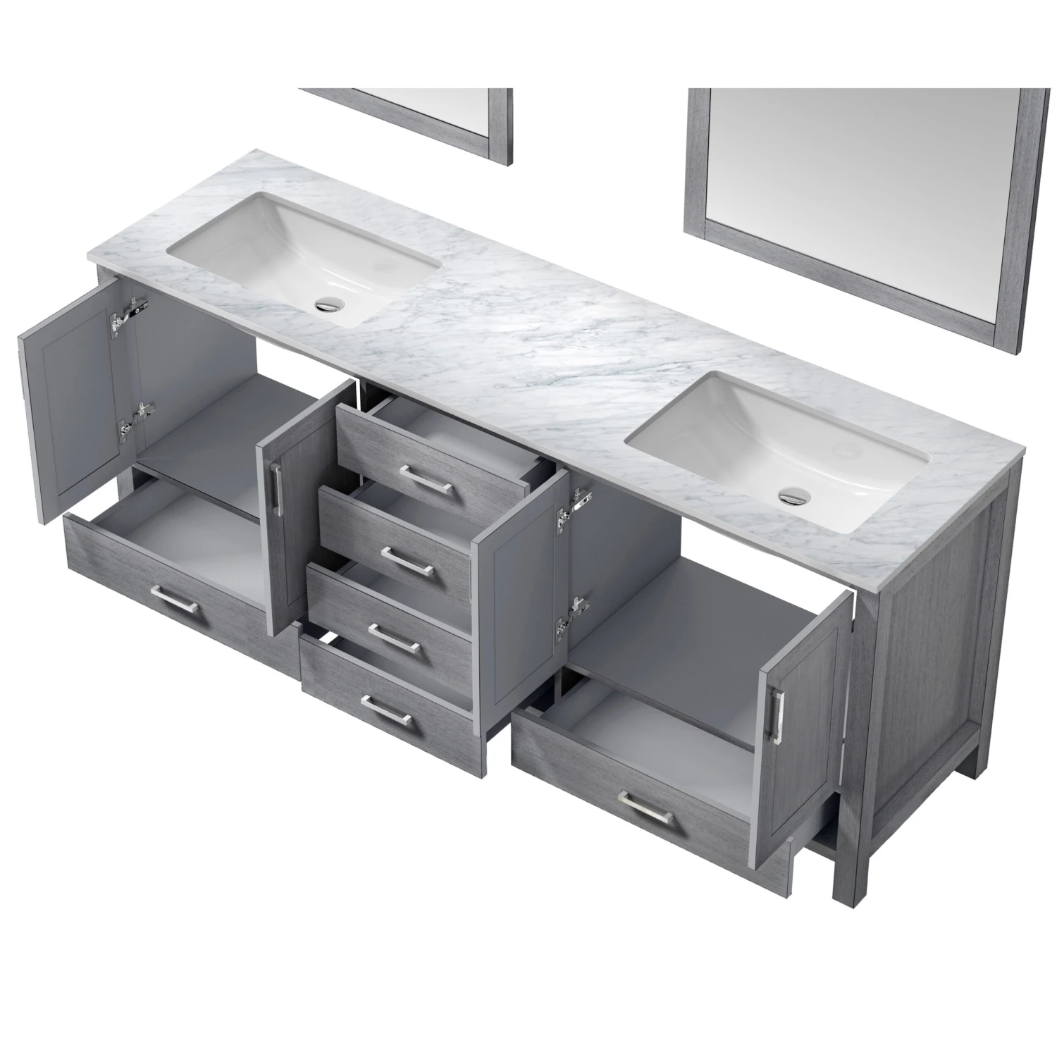 Lexora Jacques 80" Distressed Grey Double Vanity, White Carrara Marble Top, White Square Sinks And 30" Mirrors 12 Lexora Jacques 80" Distressed Grey Double Vanity, White Carrara Marble Top, White Square Sinks And 30" Mirrors - Image 10