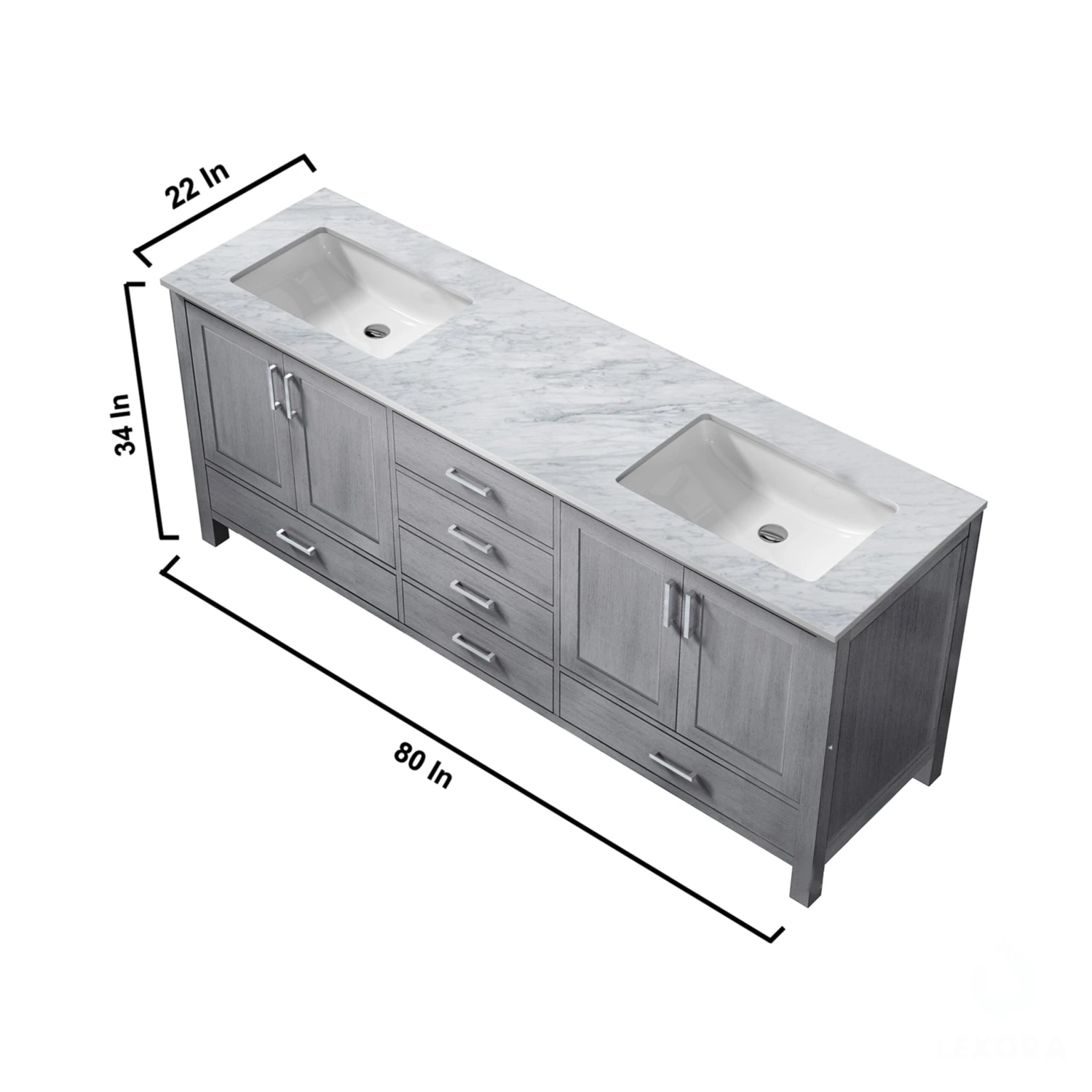 Lexora Jacques 80" Distressed Grey Double Vanity, White Carrara Marble Top, White Square Sinks And 30" Mirrors 14 Lexora Jacques 80" Distressed Grey Double Vanity, White Carrara Marble Top, White Square Sinks And 30" Mirrors - Image 12