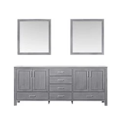 Lexora Jacques 80" Distressed Grey Double Vanity, White Carrara Marble Top, White Square Sinks And 30" Mirrors