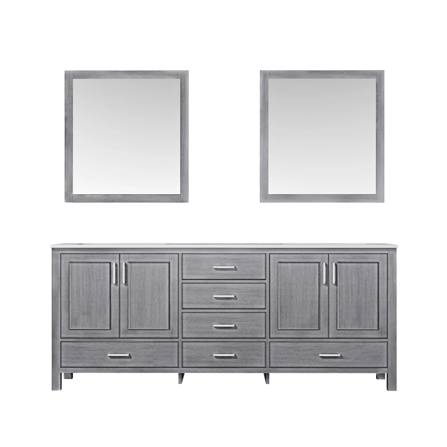 Lexora Jacques 80" Distressed Grey Double Vanity, White Carrara Marble Top, White Square Sinks And 30" Mirrors 3 Lexora Jacques 80" Distressed Grey Double Vanity, White Carrara Marble Top, White Square Sinks And 30" Mirrors