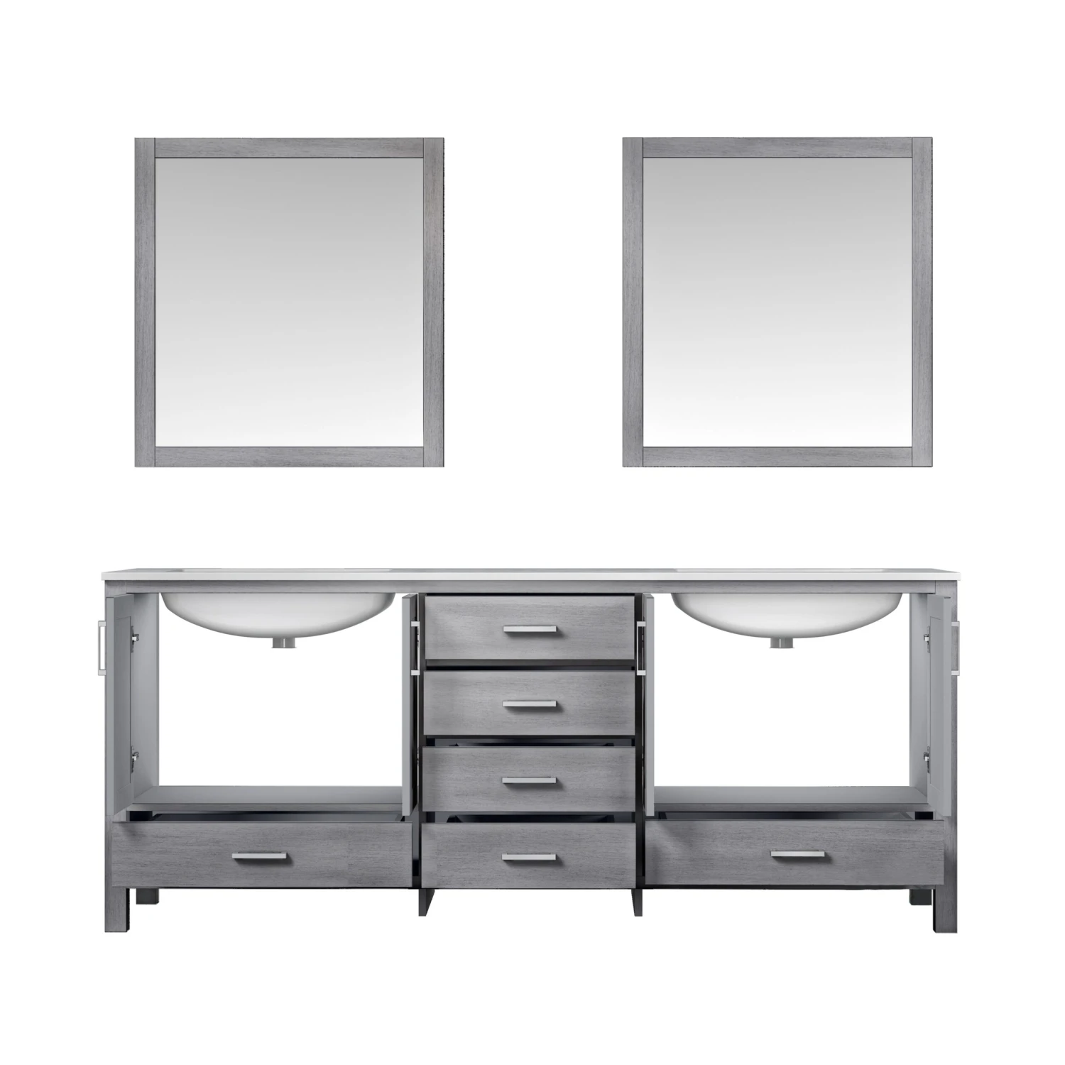 Lexora Jacques 80" Distressed Grey Double Vanity, White Carrara Marble Top, White Square Sinks And 30" Mirrors 6 Lexora Jacques 80" Distressed Grey Double Vanity, White Carrara Marble Top, White Square Sinks And 30" Mirrors - Image 4