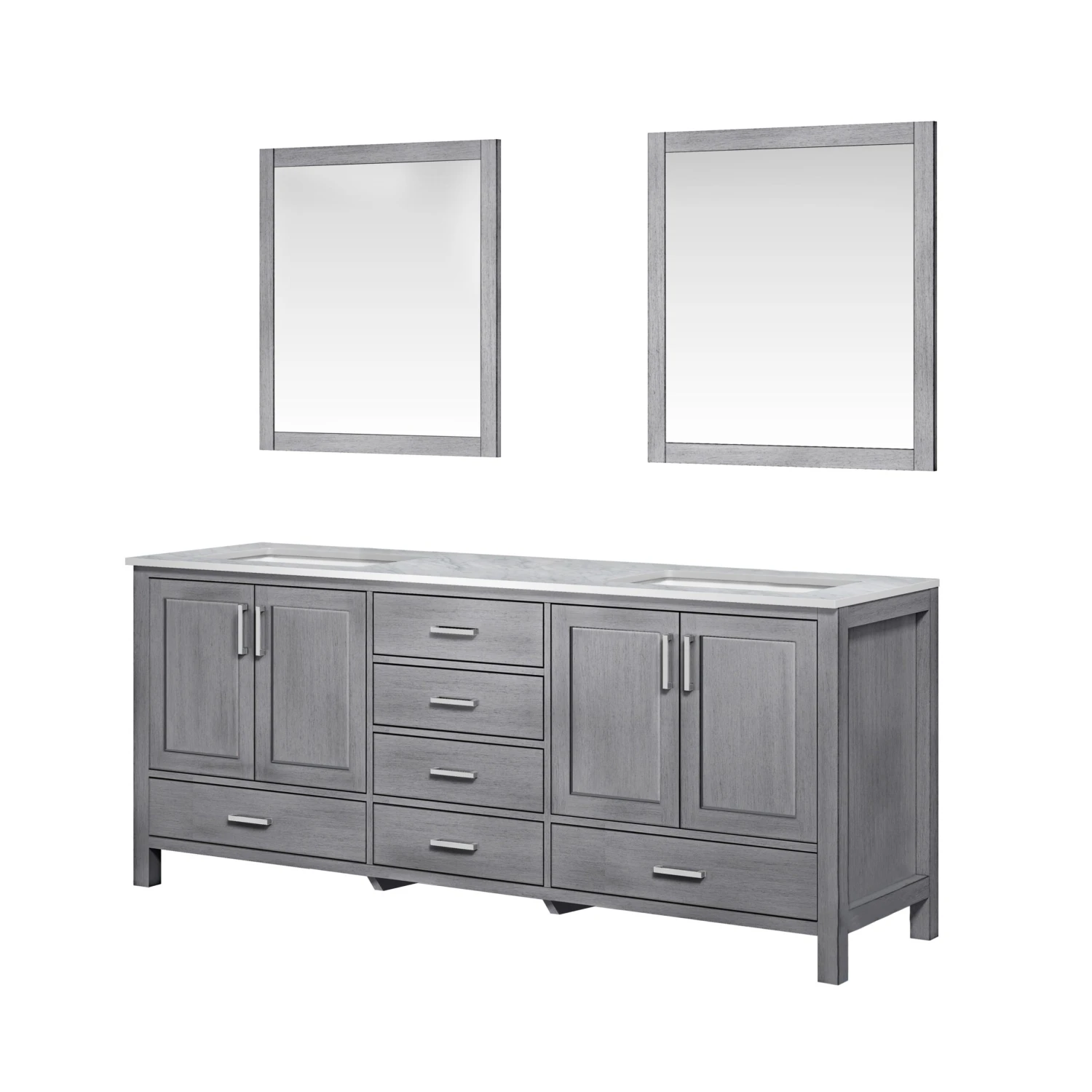 Lexora Jacques 80" Distressed Grey Double Vanity, White Carrara Marble Top, White Square Sinks And 30" Mirrors 8 Lexora Jacques 80" Distressed Grey Double Vanity, White Carrara Marble Top, White Square Sinks And 30" Mirrors - Image 6