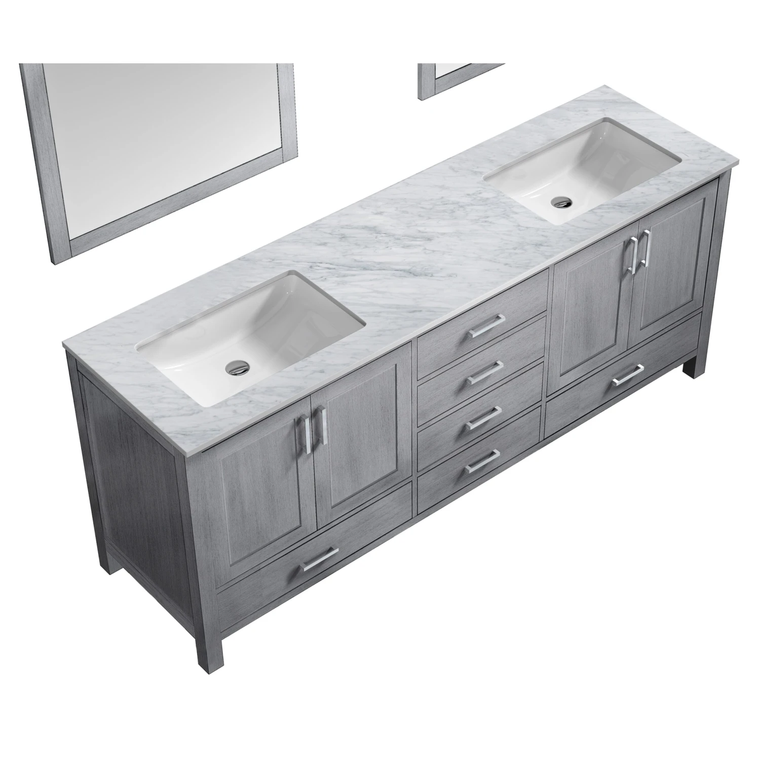 Lexora Jacques 80" Distressed Grey Double Vanity, White Carrara Marble Top, White Square Sinks And 30" Mirrors 9 Lexora Jacques 80" Distressed Grey Double Vanity, White Carrara Marble Top, White Square Sinks And 30" Mirrors - Image 7