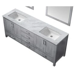 Lexora Jacques 80" Distressed Grey Double Vanity, White Carrara Marble Top, White Square Sinks And 30" Mirrors 23 Lexora Jacques 80" Distressed Grey Double Vanity, White Carrara Marble Top, White Square Sinks And 30" Mirrors -Home And Outdoor LJ342280DDDSM30 8