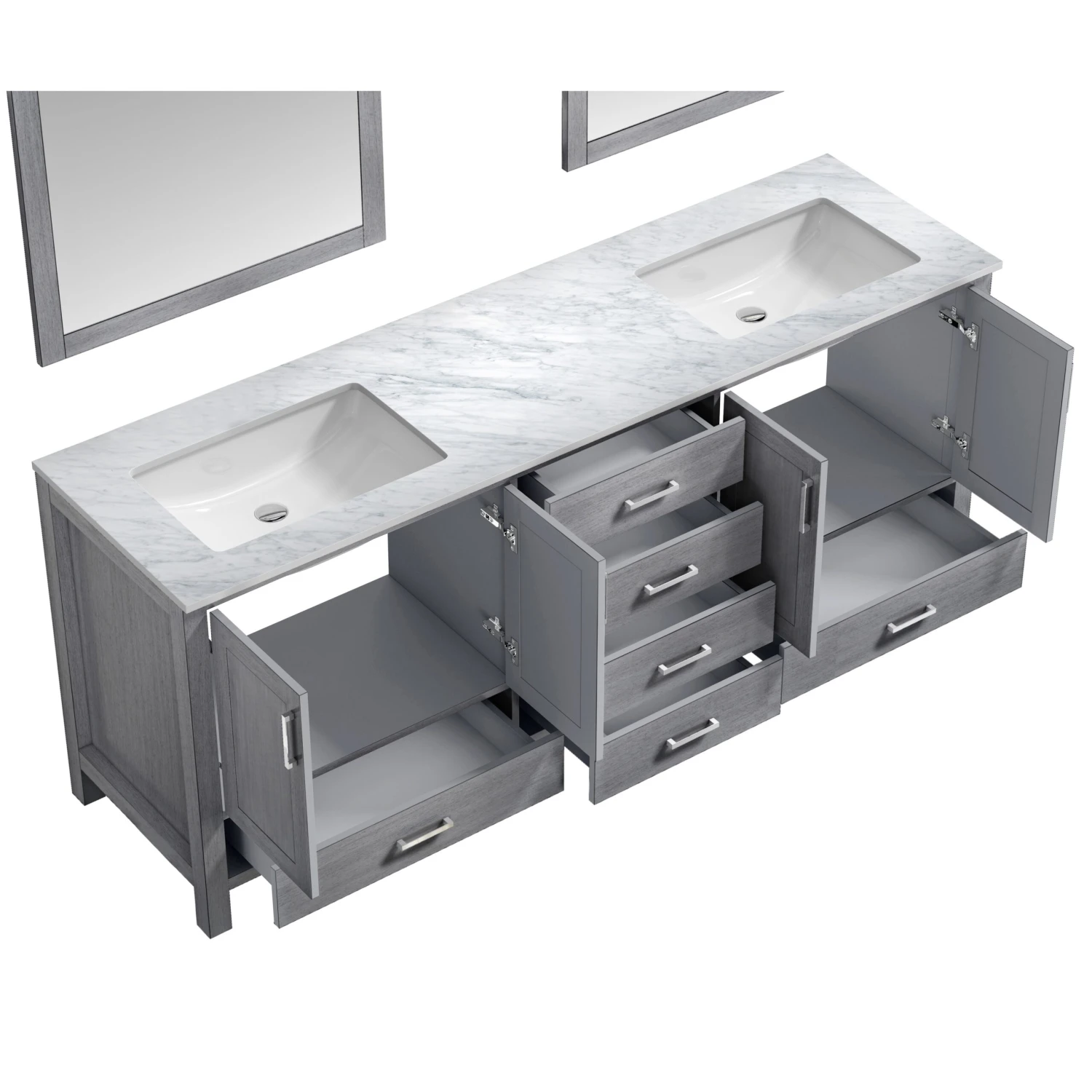 Lexora Jacques 80" Distressed Grey Double Vanity, White Carrara Marble Top, White Square Sinks And 30" Mirrors 11 Lexora Jacques 80" Distressed Grey Double Vanity, White Carrara Marble Top, White Square Sinks And 30" Mirrors - Image 9