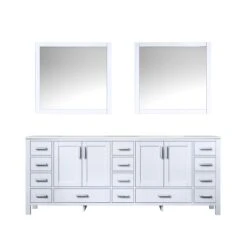 Lexora Jacques 84" White Double Vanity, White Carrara Marble Top, White Square Sinks And 34" Mirrors