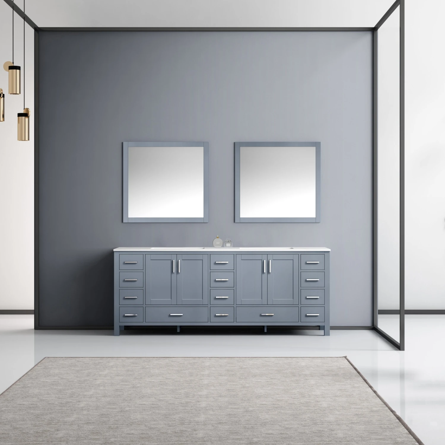 Lexora Jacques 84" Dark Grey Double Vanity, White Carrara Marble Top, White Square Sinks And 34" Mirrors 4 Lexora Jacques 84" Dark Grey Double Vanity, White Carrara Marble Top, White Square Sinks And 34" Mirrors - Image 2