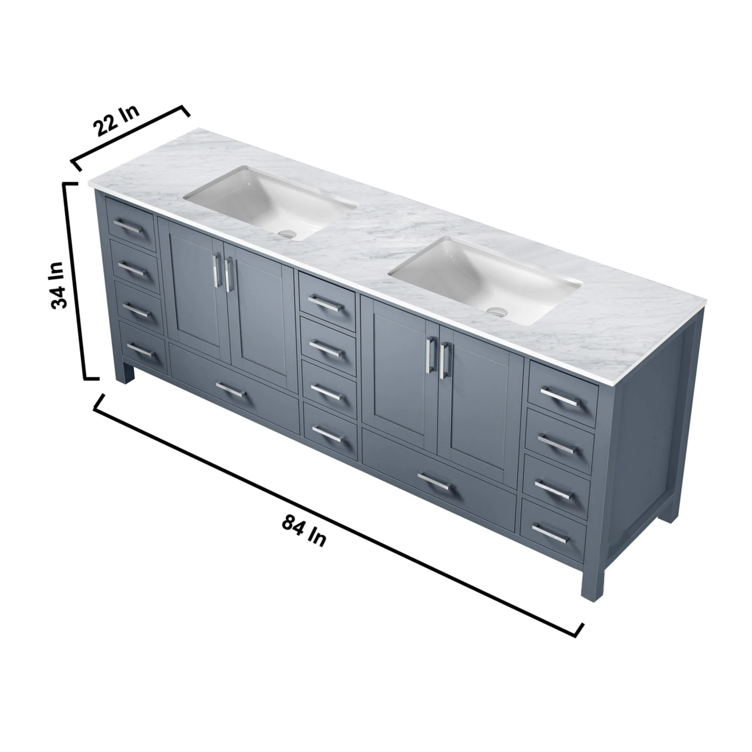 Lexora Jacques 84" Dark Grey Double Vanity, White Carrara Marble Top, White Square Sinks And 34" Mirrors 15 Lexora Jacques 84" Dark Grey Double Vanity, White Carrara Marble Top, White Square Sinks And 34" Mirrors - Image 13