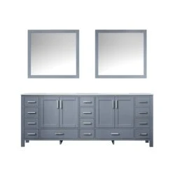 Lexora Jacques 84" Dark Grey Double Vanity, White Carrara Marble Top, White Square Sinks And 34" Mirrors