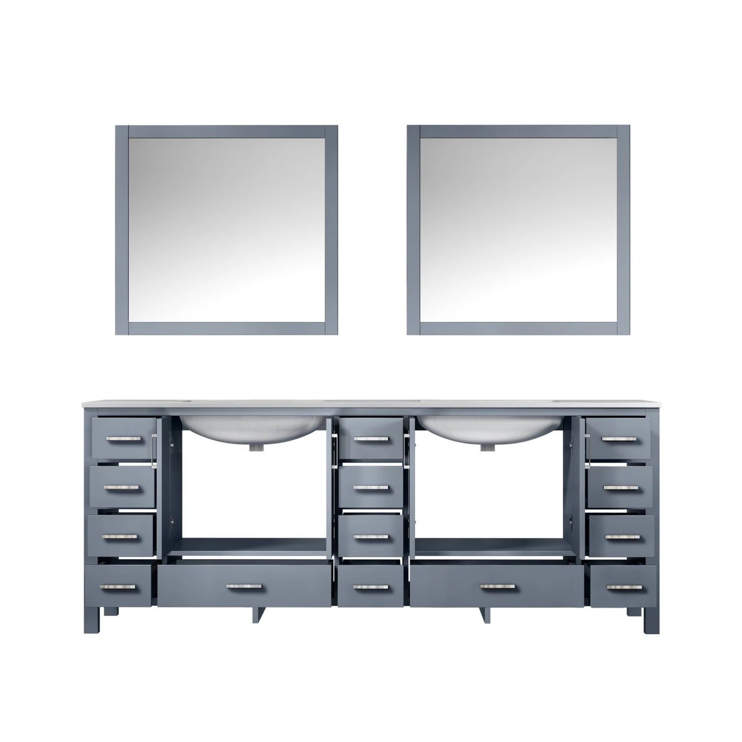 Lexora Jacques 84" Dark Grey Double Vanity, White Carrara Marble Top, White Square Sinks And 34" Mirrors 7 Lexora Jacques 84" Dark Grey Double Vanity, White Carrara Marble Top, White Square Sinks And 34" Mirrors - Image 5