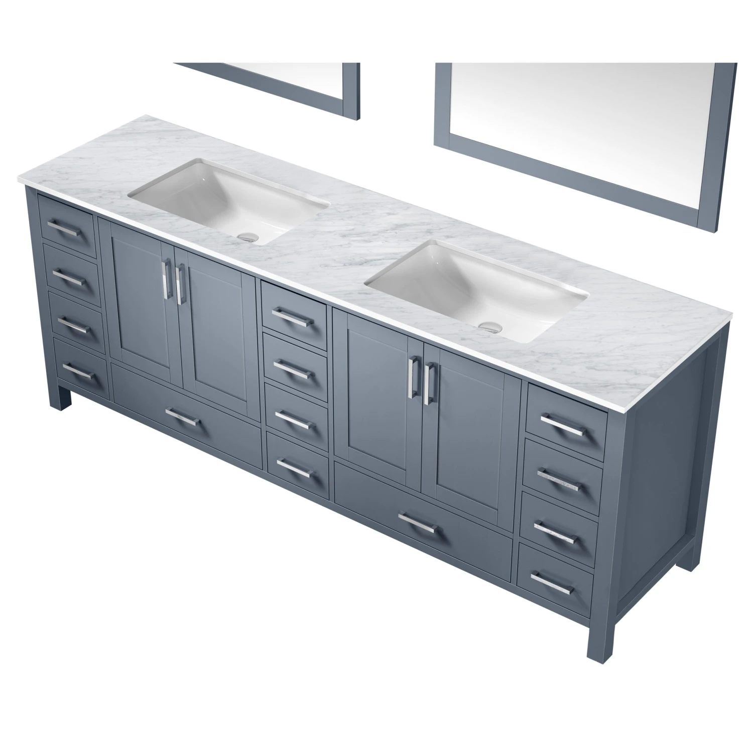 Lexora Jacques 84" Dark Grey Double Vanity, White Carrara Marble Top, White Square Sinks And 34" Mirrors 11 Lexora Jacques 84" Dark Grey Double Vanity, White Carrara Marble Top, White Square Sinks And 34" Mirrors - Image 9