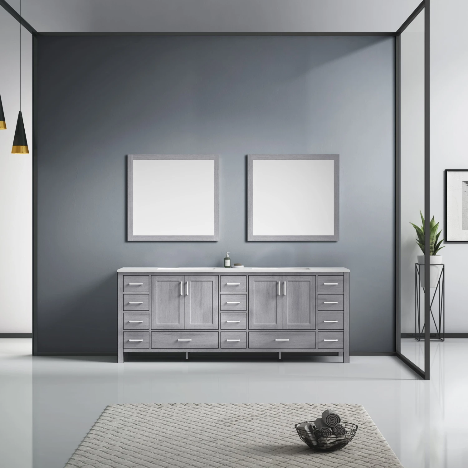 Lexora Jacques 84" Distressed Grey Double Vanity, White Carrara Marble Top, White Square Sinks And 34" Mirrors 4 Lexora Jacques 84" Distressed Grey Double Vanity, White Carrara Marble Top, White Square Sinks And 34" Mirrors - Image 2