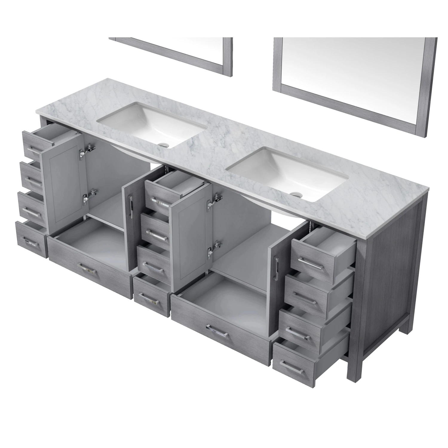Lexora Jacques 84" Distressed Grey Double Vanity, White Carrara Marble Top, White Square Sinks And 34" Mirrors 12 Lexora Jacques 84" Distressed Grey Double Vanity, White Carrara Marble Top, White Square Sinks And 34" Mirrors - Image 10