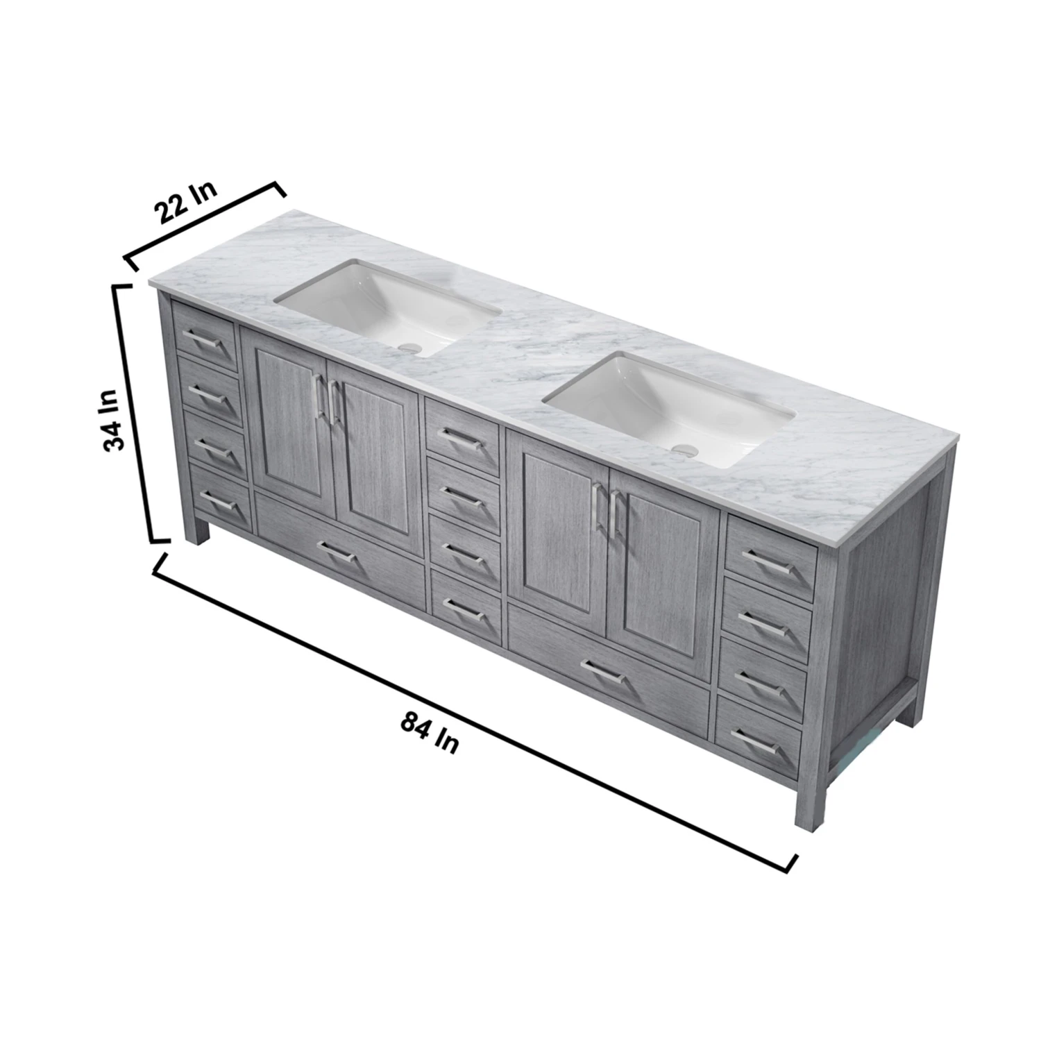 Lexora Jacques 84" Distressed Grey Double Vanity, White Carrara Marble Top, White Square Sinks And 34" Mirrors 14 Lexora Jacques 84" Distressed Grey Double Vanity, White Carrara Marble Top, White Square Sinks And 34" Mirrors - Image 12