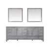 Lexora Jacques 84" Distressed Grey Double Vanity, White Carrara Marble Top, White Square Sinks And 34" Mirrors