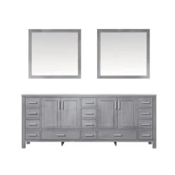 Lexora Jacques 84" Distressed Grey Double Vanity, White Carrara Marble Top, White Square Sinks And 34" Mirrors