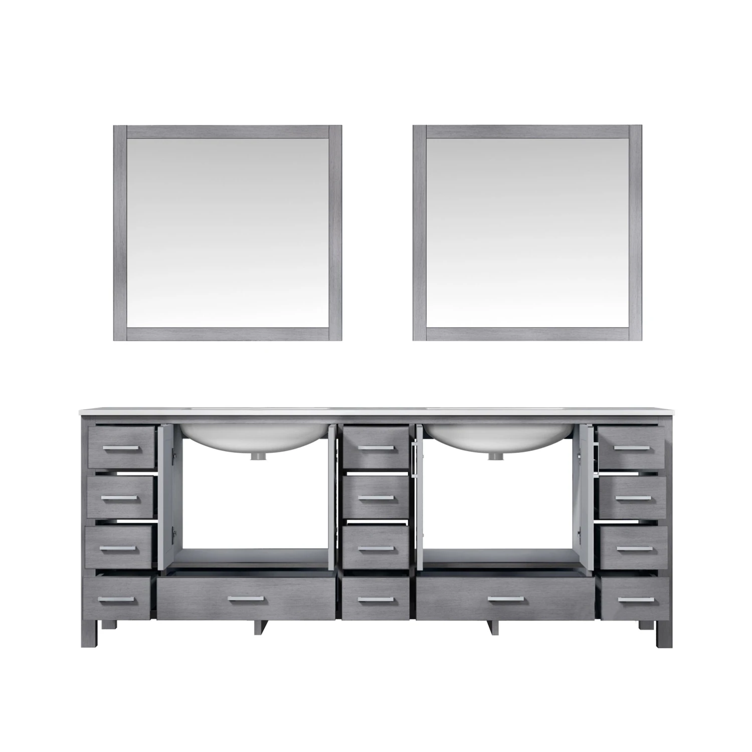 Lexora Jacques 84" Distressed Grey Double Vanity, White Carrara Marble Top, White Square Sinks And 34" Mirrors 6 Lexora Jacques 84" Distressed Grey Double Vanity, White Carrara Marble Top, White Square Sinks And 34" Mirrors - Image 4