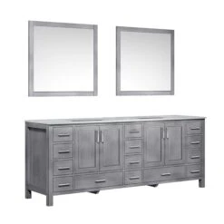 Lexora Jacques 84" Distressed Grey Double Vanity, White Carrara Marble Top, White Square Sinks And 34" Mirrors 19 Lexora Jacques 84" Distressed Grey Double Vanity, White Carrara Marble Top, White Square Sinks And 34" Mirrors -Home And Outdoor LJ342284DDDSM34 5