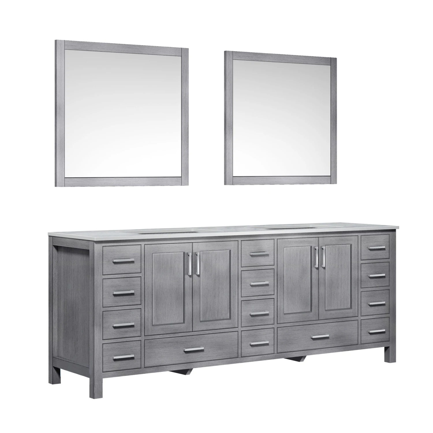 Lexora Jacques 84" Distressed Grey Double Vanity, White Carrara Marble Top, White Square Sinks And 34" Mirrors 7 Lexora Jacques 84" Distressed Grey Double Vanity, White Carrara Marble Top, White Square Sinks And 34" Mirrors - Image 5