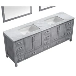 Lexora Jacques 84" Distressed Grey Double Vanity, White Carrara Marble Top, White Square Sinks And 34" Mirrors 21 Lexora Jacques 84" Distressed Grey Double Vanity, White Carrara Marble Top, White Square Sinks And 34" Mirrors -Home And Outdoor LJ342284DDDSM34 7