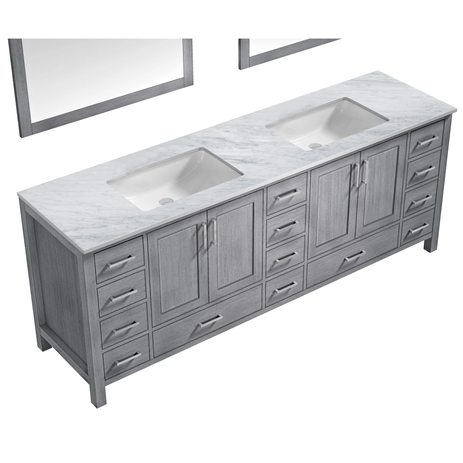 Lexora Jacques 84" Distressed Grey Double Vanity, White Carrara Marble Top, White Square Sinks And 34" Mirrors 9 Lexora Jacques 84" Distressed Grey Double Vanity, White Carrara Marble Top, White Square Sinks And 34" Mirrors - Image 7