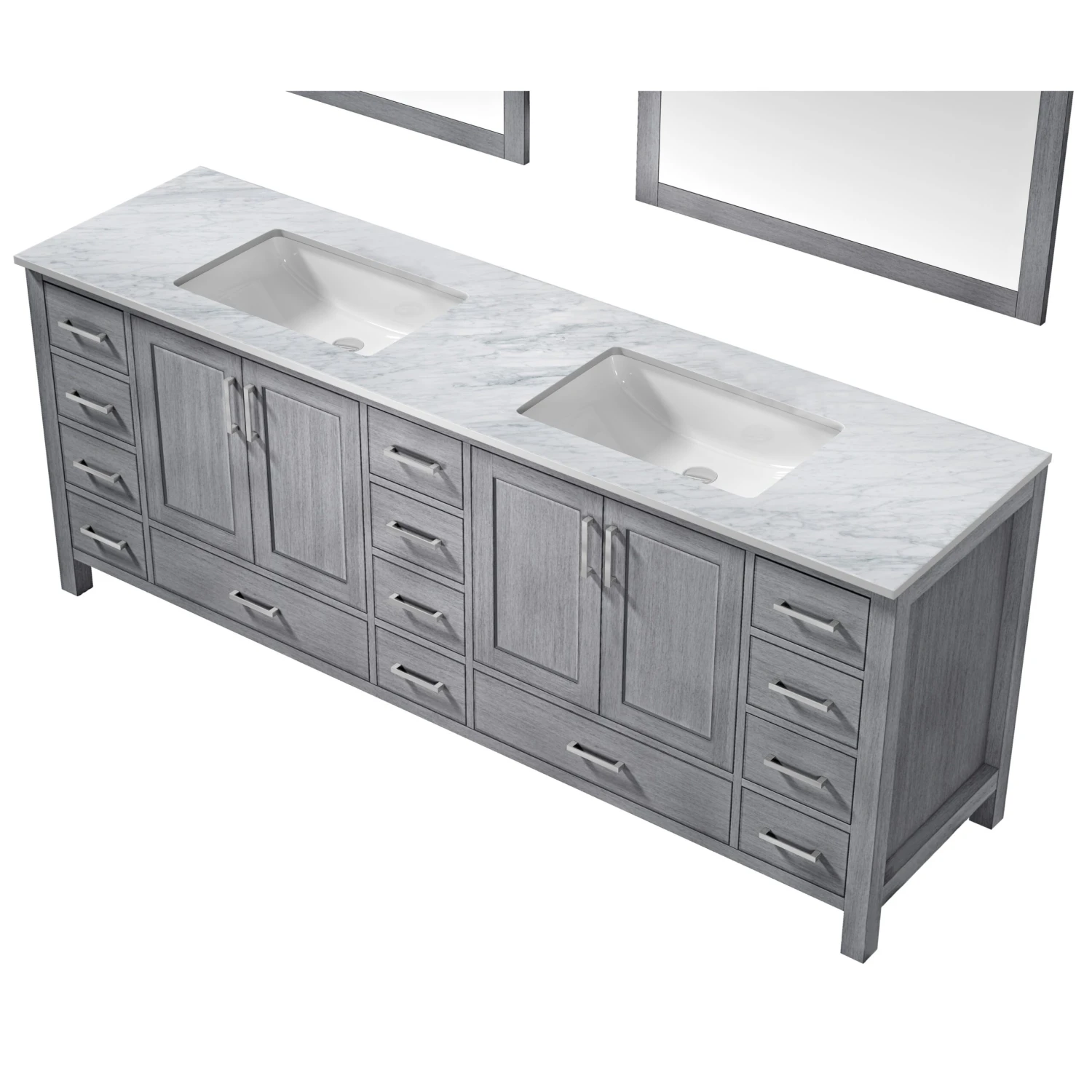 Lexora Jacques 84" Distressed Grey Double Vanity, White Carrara Marble Top, White Square Sinks And 34" Mirrors 10 Lexora Jacques 84" Distressed Grey Double Vanity, White Carrara Marble Top, White Square Sinks And 34" Mirrors - Image 8