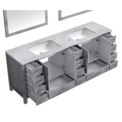 Lexora Jacques 84" Distressed Grey Double Vanity, White Carrara Marble Top, White Square Sinks And 34" Mirrors 23 Lexora Jacques 84" Distressed Grey Double Vanity, White Carrara Marble Top, White Square Sinks And 34" Mirrors -Home And Outdoor LJ342284DDDSM34 9