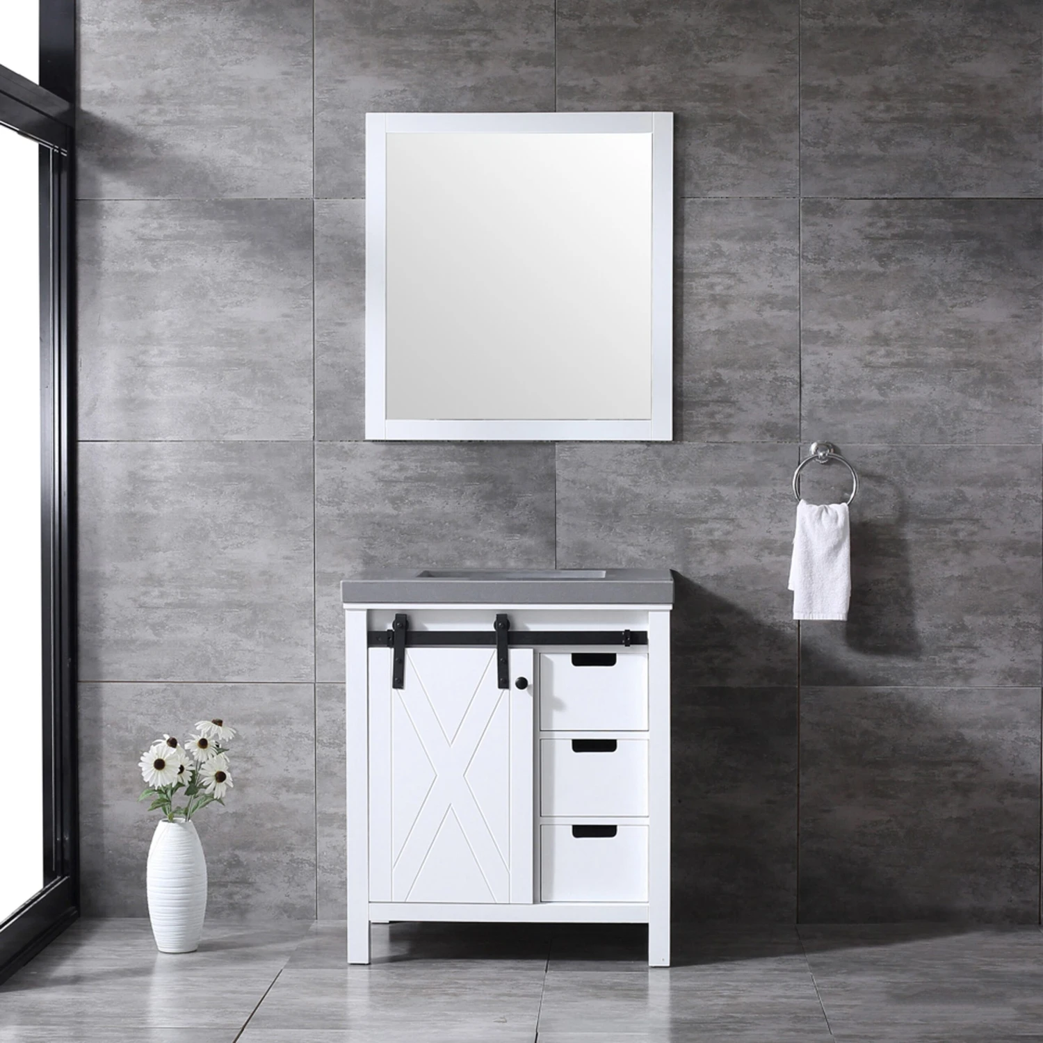 Lexora Marsyas 30" White Single Vanity, Grey Quartz Top, White Square Sink And 28" Mirror 4 Lexora Marsyas 30" White Single Vanity, Grey Quartz Top, White Square Sink And 28" Mirror - Image 2