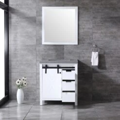 Lexora Marsyas 30" White Single Vanity, Grey Quartz Top, White Square Sink And 28" Mirror 19 Lexora Marsyas 30" White Single Vanity, Grey Quartz Top, White Square Sink And 28" Mirror -Home And Outdoor LM342230SAASM28 2