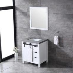 Lexora Marsyas 30" White Single Vanity, Grey Quartz Top, White Square Sink And 28" Mirror 20 Lexora Marsyas 30" White Single Vanity, Grey Quartz Top, White Square Sink And 28" Mirror -Home And Outdoor LM342230SAASM28 3