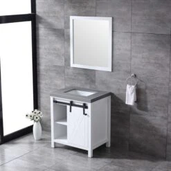 Lexora Marsyas 30" White Single Vanity, Grey Quartz Top, White Square Sink And 28" Mirror 21 Lexora Marsyas 30" White Single Vanity, Grey Quartz Top, White Square Sink And 28" Mirror -Home And Outdoor LM342230SAASM28 4