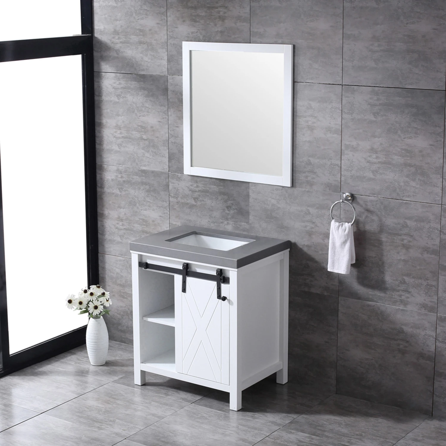 Lexora Marsyas 30" White Single Vanity, Grey Quartz Top, White Square Sink And 28" Mirror 7 Lexora Marsyas 30" White Single Vanity, Grey Quartz Top, White Square Sink And 28" Mirror - Image 5