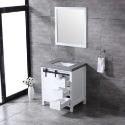 Lexora Marsyas 30" White Single Vanity, Grey Quartz Top, White Square Sink And 28" Mirror 22 Lexora Marsyas 30" White Single Vanity, Grey Quartz Top, White Square Sink And 28" Mirror -Home And Outdoor LM342230SAASM28 5
