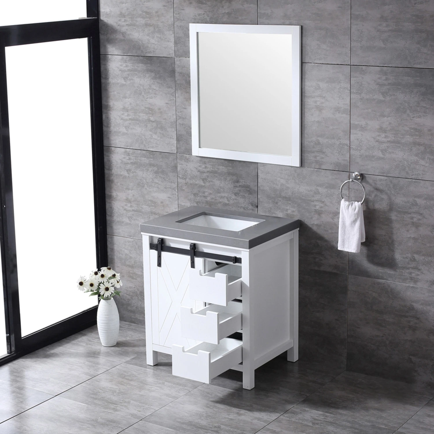 Lexora Marsyas 30" White Single Vanity, Grey Quartz Top, White Square Sink And 28" Mirror 8 Lexora Marsyas 30" White Single Vanity, Grey Quartz Top, White Square Sink And 28" Mirror - Image 6