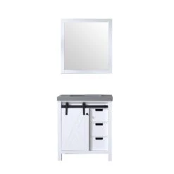 Lexora Marsyas 30" White Single Vanity, Grey Quartz Top, White Square Sink And 28" Mirror