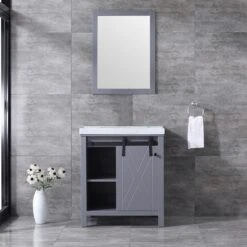 Lexora Marsyas 30" Dark Grey Single Vanity, White Carrara Marble Top, White Square Sink And 28" Mirror -Home And Outdoor LM342230SBBSM28 3
