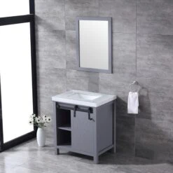 Lexora Marsyas 30" Dark Grey Single Vanity, White Carrara Marble Top, White Square Sink And 28" Mirror -Home And Outdoor LM342230SBBSM28 4