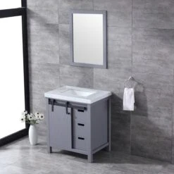 Lexora Marsyas 30" Dark Grey Single Vanity, White Carrara Marble Top, White Square Sink And 28" Mirror -Home And Outdoor LM342230SBBSM28 5