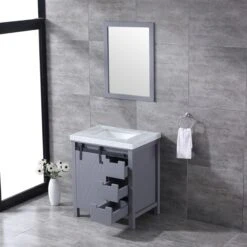 Lexora Marsyas 30" Dark Grey Single Vanity, White Carrara Marble Top, White Square Sink And 28" Mirror -Home And Outdoor LM342230SBBSM28 6