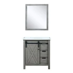 Lexora Marsyas 30" Ash Grey Single Vanity, White Quartz Top, White Square Sink And 28" Mirror