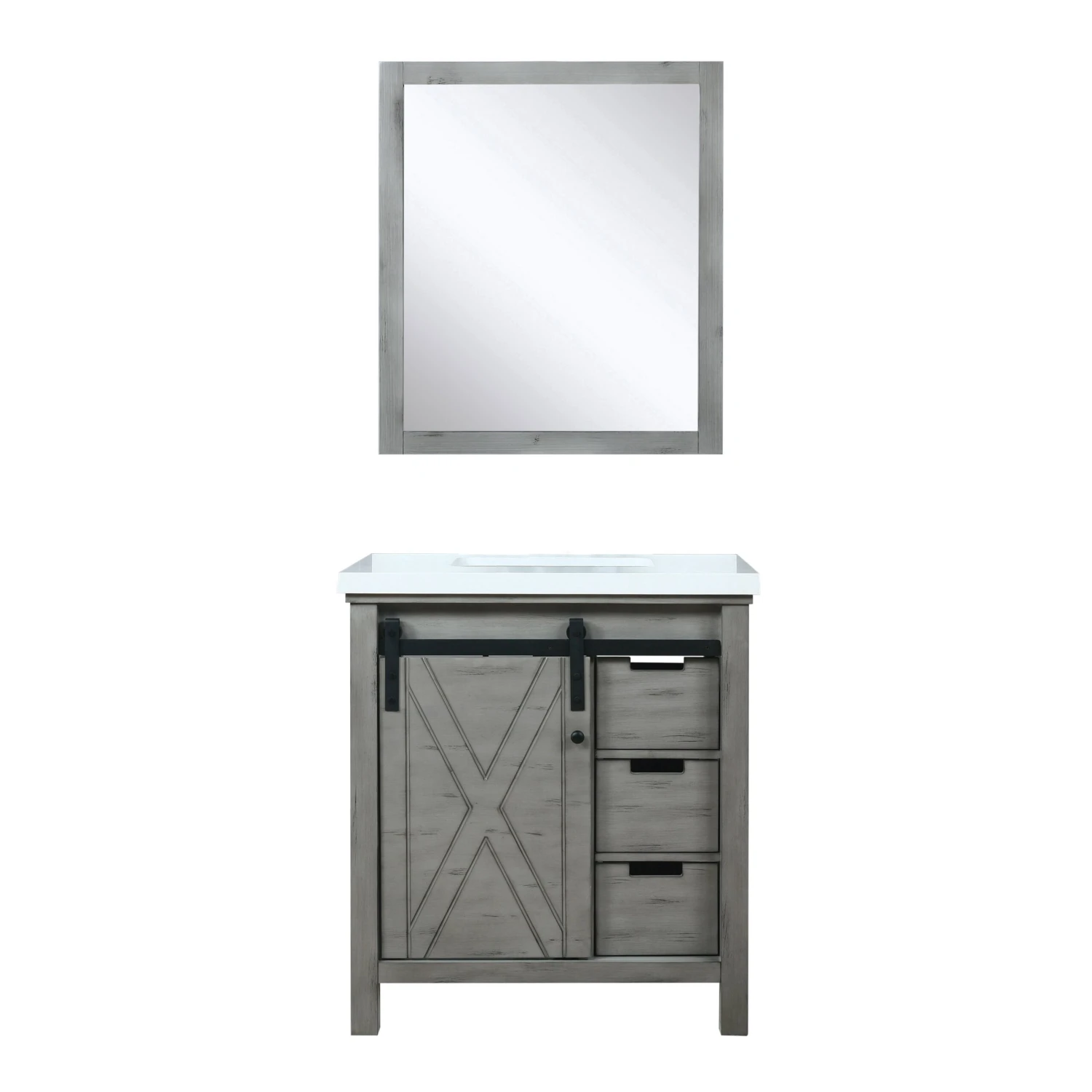 Lexora Marsyas 30" Ash Grey Single Vanity, White Quartz Top, White Square Sink And 28" Mirror 3 Lexora Marsyas 30" Ash Grey Single Vanity, White Quartz Top, White Square Sink And 28" Mirror