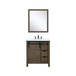Lexora Marsyas 30" Rustic Brown Single Vanity, White Quartz Top, White Square Sink And 28" Mirror