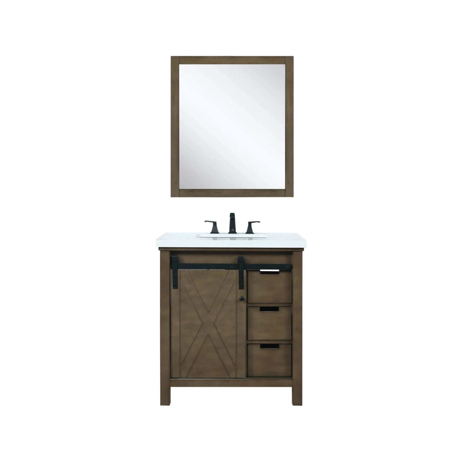 Lexora Marsyas 30" Rustic Brown Single Vanity, White Quartz Top, White Square Sink And 28" Mirror 3 Lexora Marsyas 30" Rustic Brown Single Vanity, White Quartz Top, White Square Sink And 28" Mirror