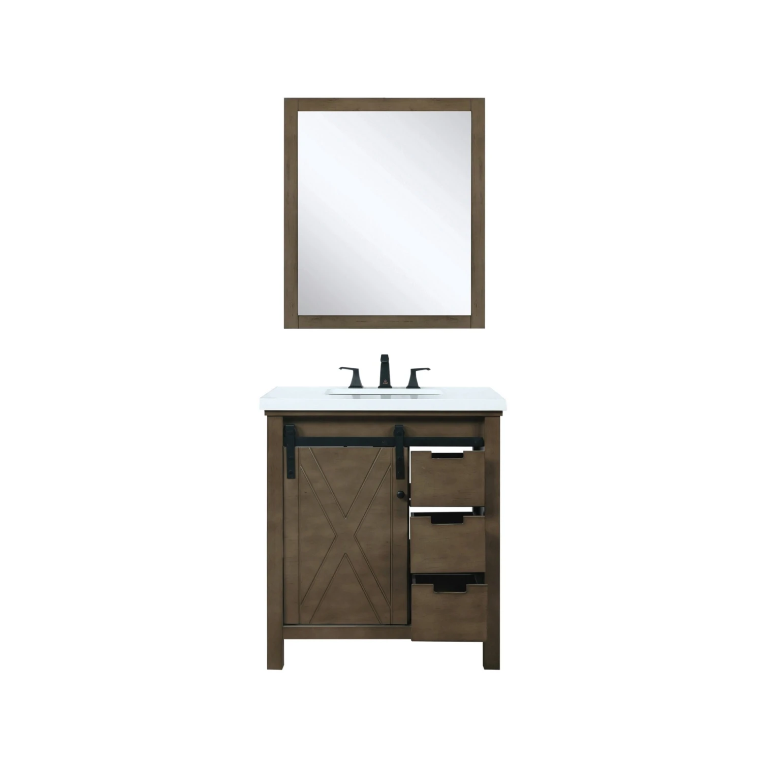 Lexora Marsyas 30" Rustic Brown Single Vanity, White Quartz Top, White Square Sink And 28" Mirror 7 Lexora Marsyas 30" Rustic Brown Single Vanity, White Quartz Top, White Square Sink And 28" Mirror - Image 5