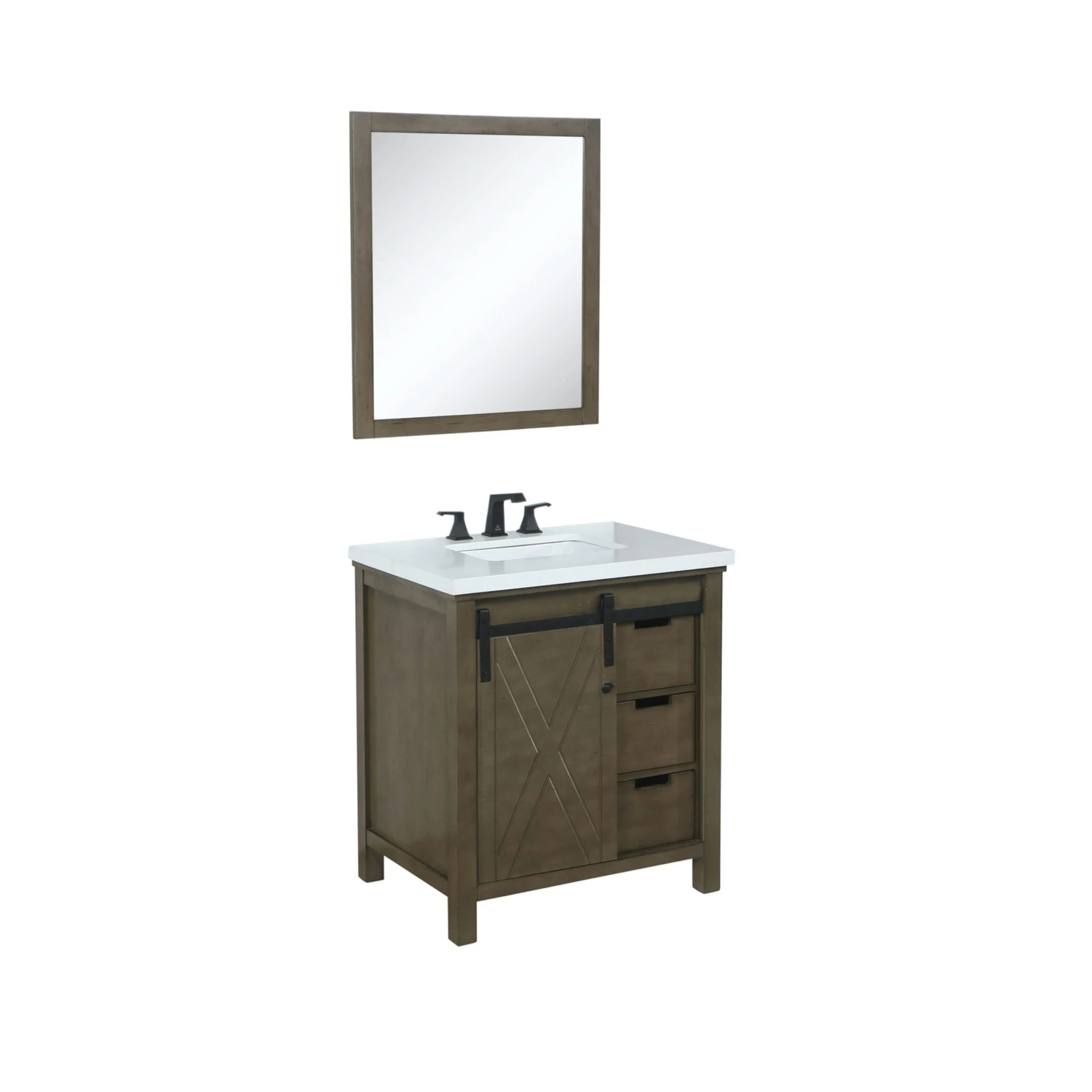 Lexora Marsyas 30" Rustic Brown Single Vanity, White Quartz Top, White Square Sink And 28" Mirror 8 Lexora Marsyas 30" Rustic Brown Single Vanity, White Quartz Top, White Square Sink And 28" Mirror - Image 6