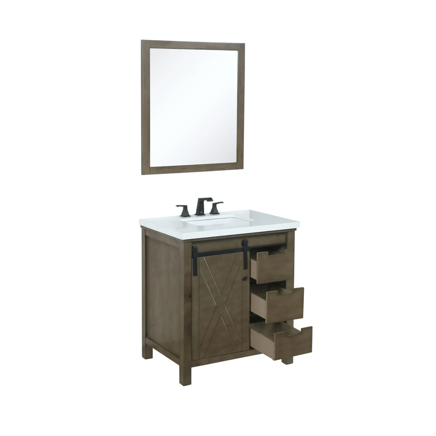 Lexora Marsyas 30" Rustic Brown Single Vanity, White Quartz Top, White Square Sink And 28" Mirror 10 Lexora Marsyas 30" Rustic Brown Single Vanity, White Quartz Top, White Square Sink And 28" Mirror - Image 8