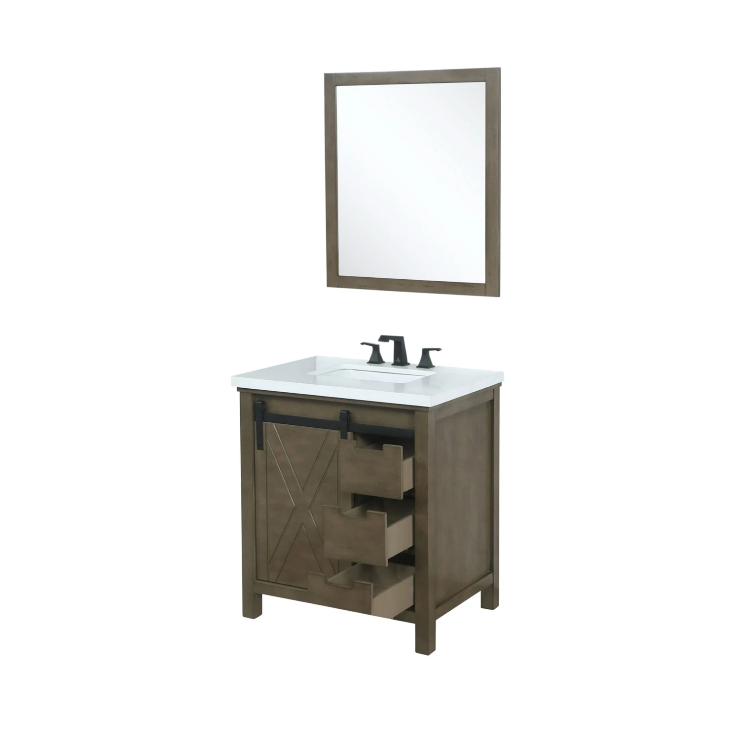 Lexora Marsyas 30" Rustic Brown Single Vanity, White Quartz Top, White Square Sink And 28" Mirror 11 Lexora Marsyas 30" Rustic Brown Single Vanity, White Quartz Top, White Square Sink And 28" Mirror - Image 9