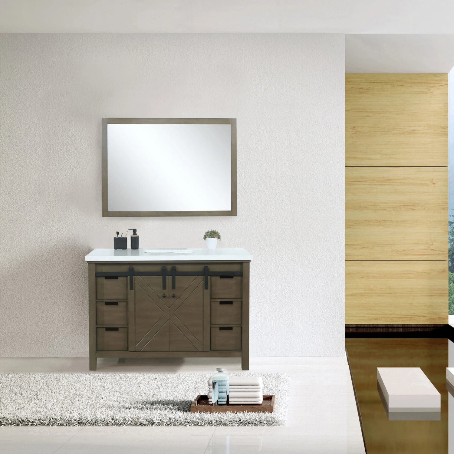 Lexora Marsyas 48" Rustic Brown Single Vanity, White Quartz Top, White Square Sink And 44" Mirror 4 Lexora Marsyas 48" Rustic Brown Single Vanity, White Quartz Top, White Square Sink And 44" Mirror - Image 2