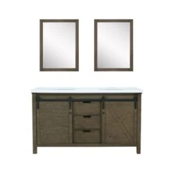Lexora Marsyas 60"Rustic Brown Double Vanity, White Quartz Top, White Square Sinks And 24" Mirrors --